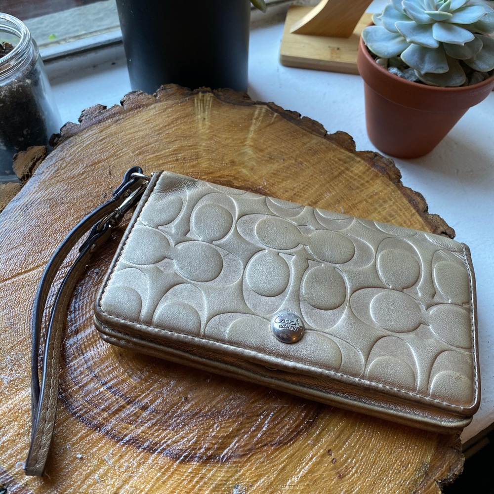 Coach Gold Embossed Signature Wristlet Wallet